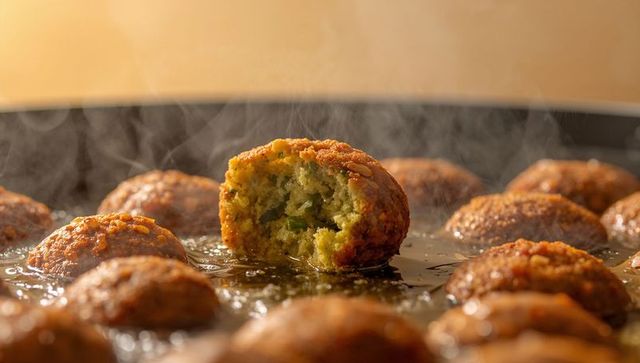Crispy falafel frying with herb filling and sesame seeds, closeup steaming golden crust