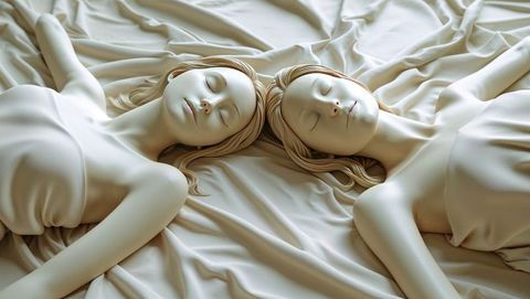 Twin female sculptures lying serenely on draped fabric