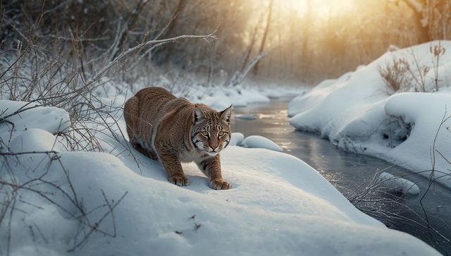 Crouching lynx stalking along snow-covered stream with warm sunrise light and paw prints