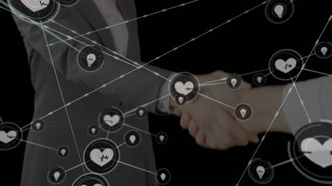 Digital Networking with Handshake and Technology Icons Overlay