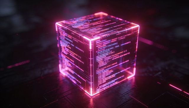 Holographic Neon Code Cube glowing with Cyberpunk Pink-Purple Circuit Grid