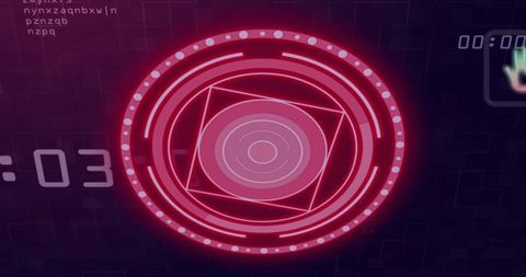 Neon red futuristic hud display with concentric rings, diamond frame and countdown timer