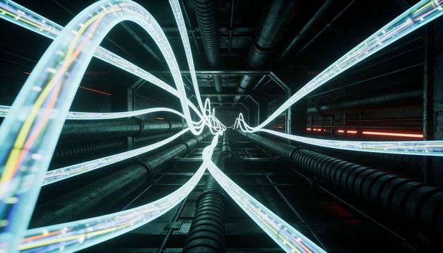 Glowing fiber-optic cables weaving through industrial tunnel with neon blue lighting