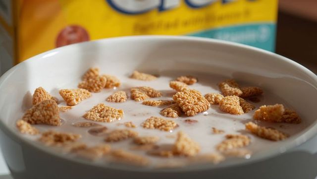 Crunchy triangular cereal floating in milk bowl with blurred cereal box background