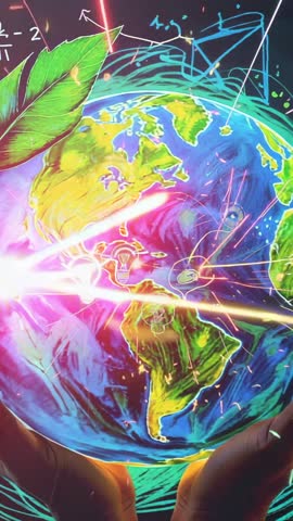 Hands cradling glowing Earth with leaf sparks and lightbulb icons, sustainable innovation