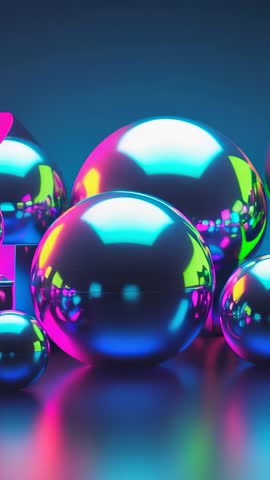 Vertical video showing neon spheres reflecting vibrant colors on glossy floor, futuristic