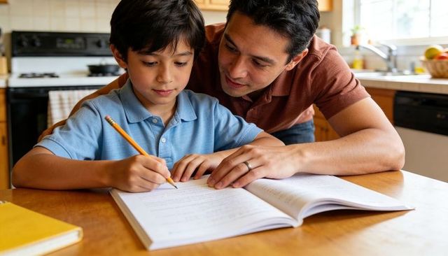 Father helping son with homework at kitchen table, home learning and parent support