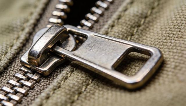 Glinting metal zipper slider and pull tab resting on khaki canvas with interlocking teeth