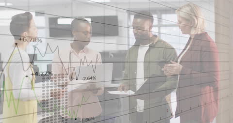 Diverse Team Analyzing Financial Data with Dynamic Graph Overlay