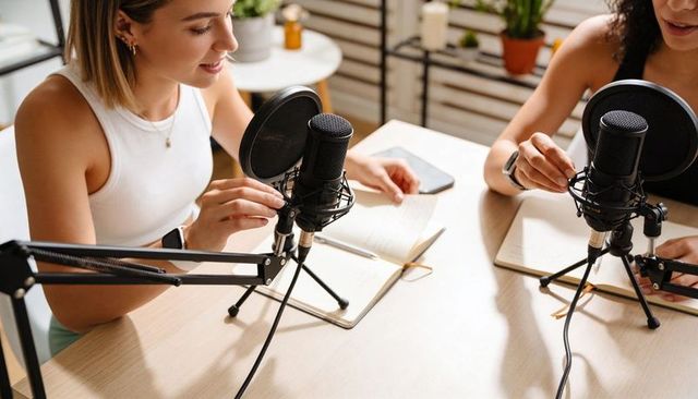 Two women recording podcast while adjusting condenser microphones and reading notes in home studio