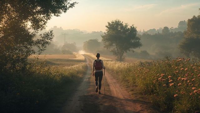 Misty Morning Hiker Walking Down Country Lane with Red Backpack