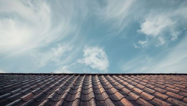 Rustic curved ceramic roof under cloud-filled sky