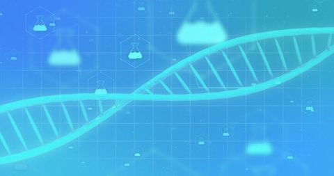 3d micro dna strand with chemistry icons on blue gradient background