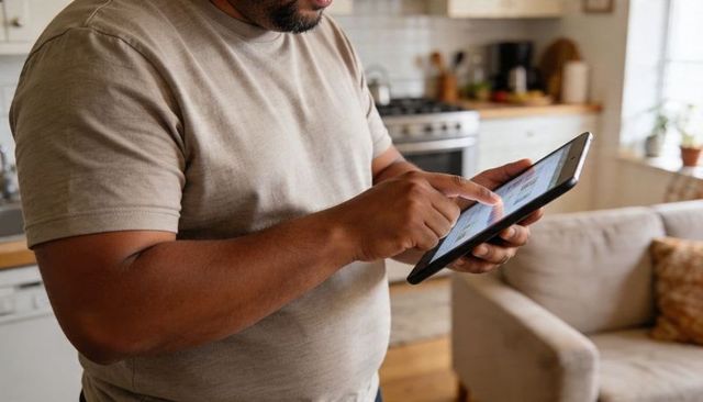 Man tapping tablet while standing in modern kitchen living room wearing beige tee
