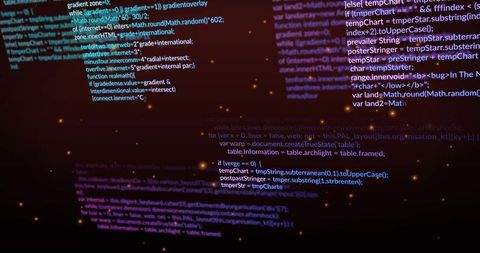 Floating neon JavaScript code with glowing particles and cyan highlights for tech visuals