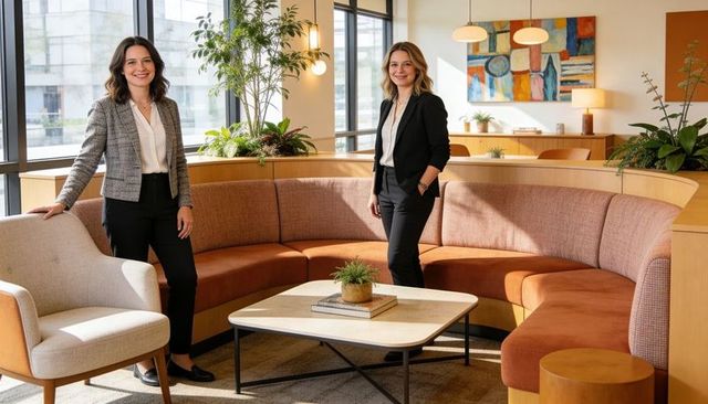 Two female professionals standing by curved sofa in modern biophilic office lounge
