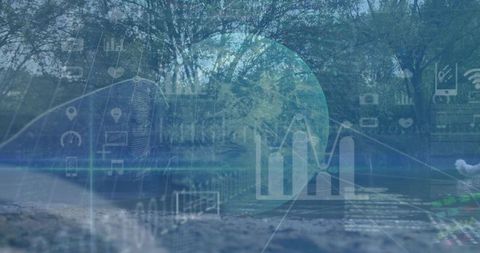 Riverside promenade blending with translucent global data overlay, charts, connectivity icons