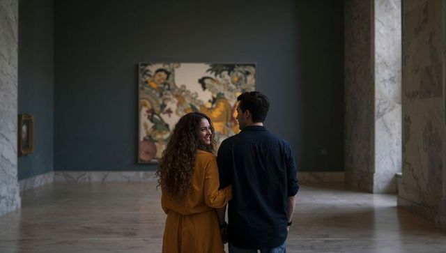 Romantic couple admiring artwork in museum gallery with marble columns and window light