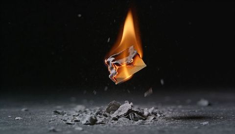 Burning paper fragment floating above ash with vivid orange flame and sparks