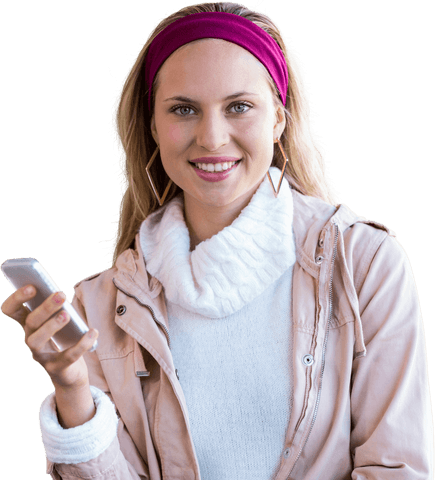 Smiling Woman Holding Phone with Outfit and Earrings on Transparent Background
