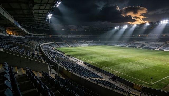 Empty soccer stadium at night with floodlights casting dramatic beams across green pitch