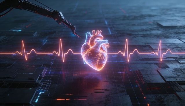 Robotic arm manipulating holographic heart, neon ecg waveform pulsing over circuit floor