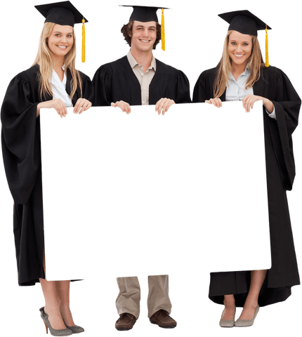 Graduation students holding blank board on transparent background