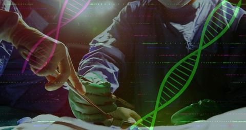 Surgeons operating with forceps over draped torso, dna overlay illustrating genomic surgery