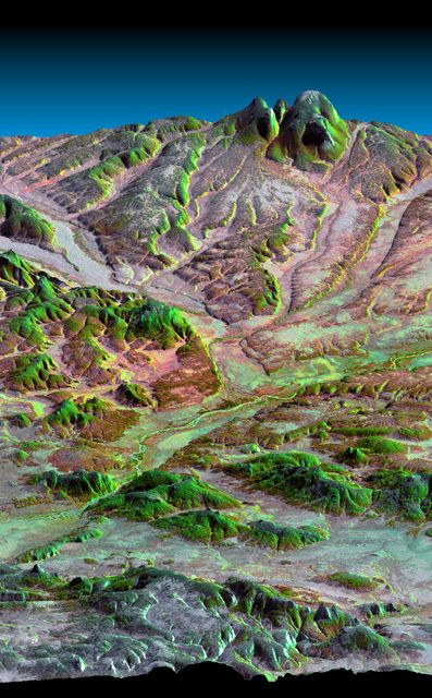 This three-dimensional perspective view, looking up the Tigil River, acquired by NASA Shuttle Radar Topography Mission SRTM from data collected on February 16, 2000, shows the western side of the volcanically active Kamchatka Peninsula, Russia.