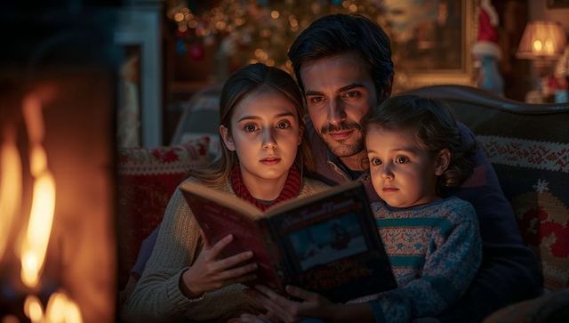 Father and Daughters Reading by Warm Fireplace During Christmas