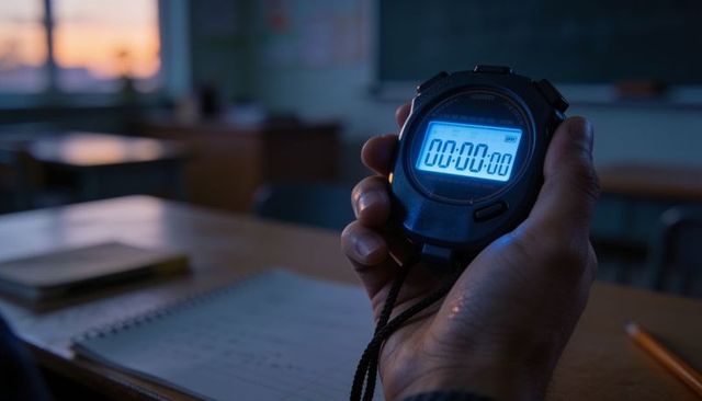 Holding stopwatch at zero in twilight classroom conveying countdown and exam time pressure
