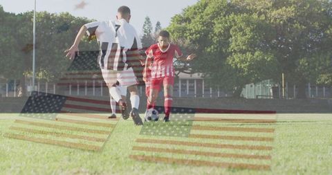Soccer Players in Action on Green Field with American Flag Overlay
