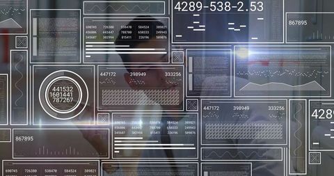 Hispanic Man Analyzing Data on Floating Digital Panels in Modern Office