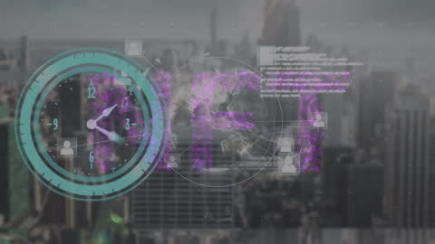 Digital Interface Overlay with Clock and Data on Cityscape