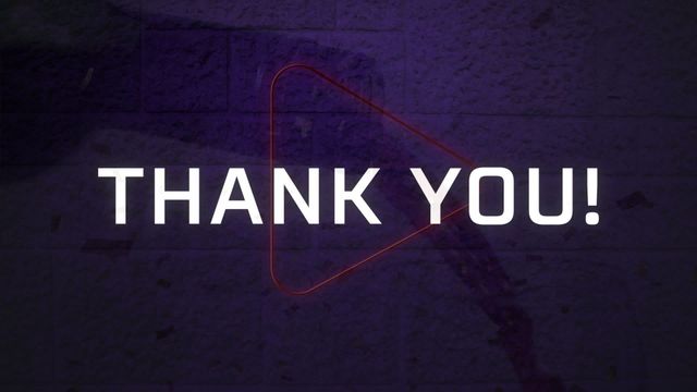 Neon-themed appreciation banner featuring 'Thank You' text overlay on a dimly lit grey brick background with a distinguishable play icon glowing in red. Ideal for use as a closing slide in promotional videos, to show gratitude in social media posts, or as a background in multimedia projects and presentations. Conveys a modern and tech-savvy message of thankfulness.