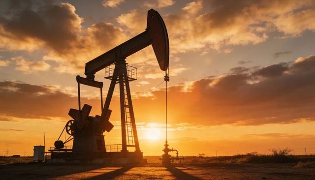 Sunset pumpjack silhouette casting long shadows on desert oilfield pad