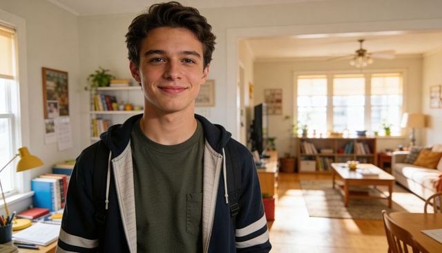 Smiling teenager wearing hoodie and backpack in bright cozy living room study area