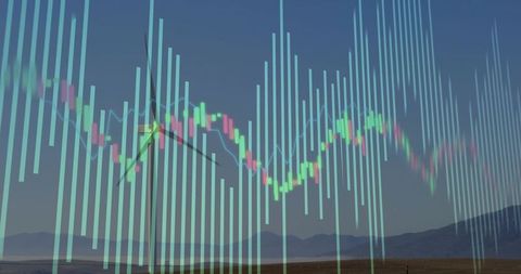 Market data overlaying rural energy landscape at dusk for renewable investment insight