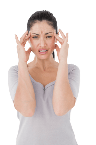 Brunette Woman Suffering from Migraine Holding Head Transparent