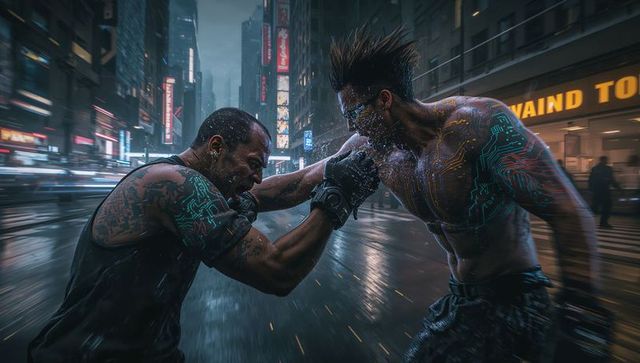 Futuristic Cyberpunk Fighters with Glowing Circuit Tattoos in Neon-Drenched City