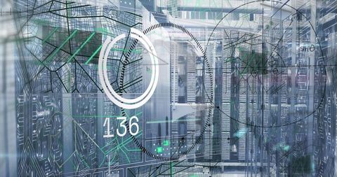 Futuristic data center with holographic network overlay