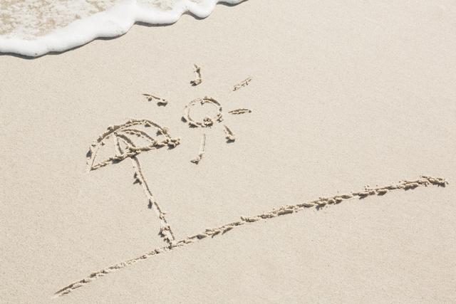 Drawing of a sun and umbrella on sandy beach near ocean waves. Ideal for summer vacation themes, travel brochures, beach resort advertisements, and creative art projects.
