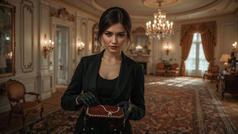 Sophisticated female burglar with jewelry box in opulent mansion