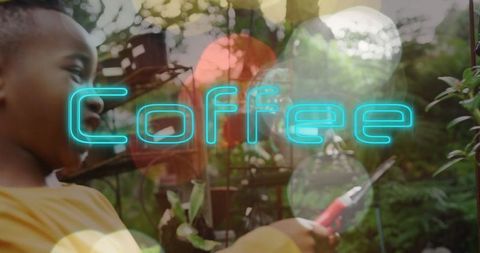 Joyous Child Gardening with Neon Coffee Text Overlay