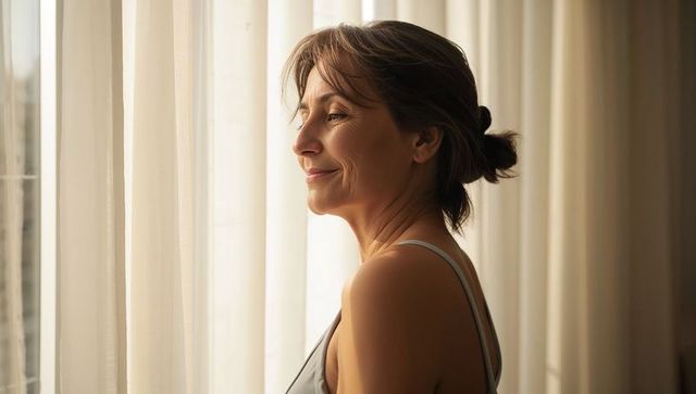 Middle-aged woman gazing through curtains in warm morning light, smiling and reflecting