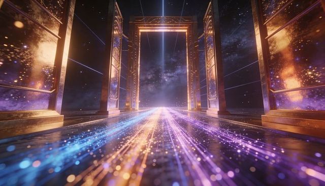 Glowing cosmic gateway with reflective neon pathway leading through ornate golden arch