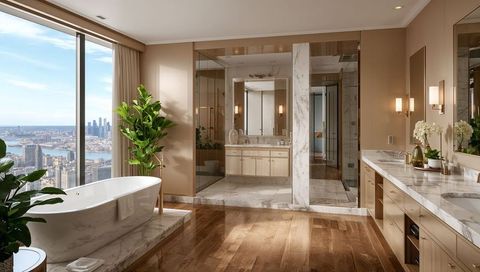 Luxury High-Rise Bathroom Featuring Freestanding Marble Tub and Panoramic City Skyline View