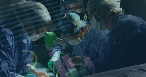 Surgeons Collaborating with Overlaid Financial Data Graphics