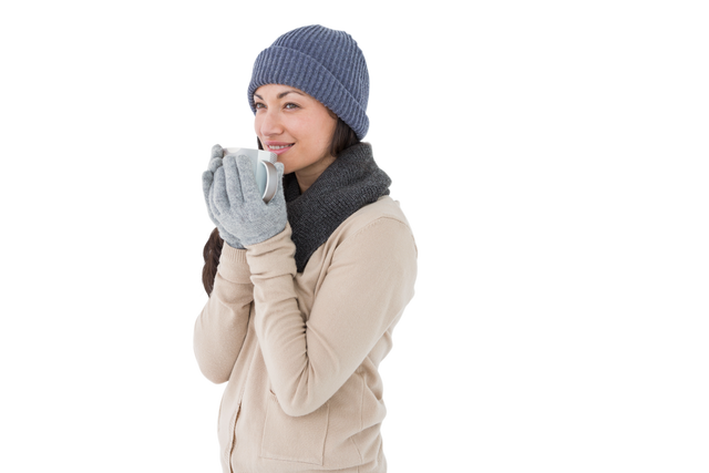 Transparent Smiling Woman Drinking Hot Beverage in Winter Clothes - Download Free Stock Videos Pikwizard.com