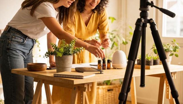 Styling aromatherapy products on wooden table in sunlit home studio for content creation with greene